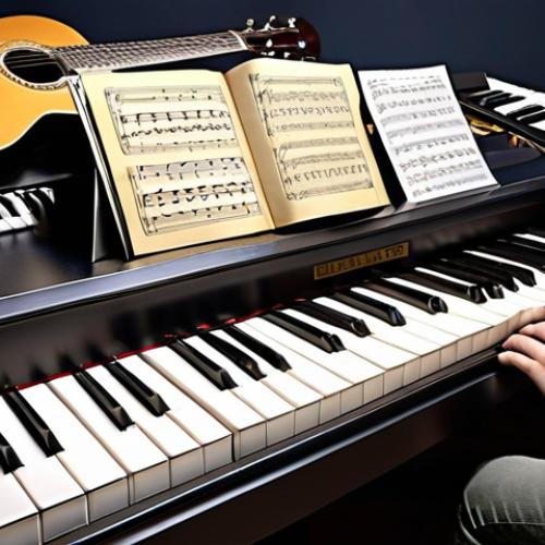 Home 4 **A composer at work:** A focused composer surrounded by musical instruments (piano, guitar), sheet music, and a computer with music software. The scene should evoke creativity and dedication.