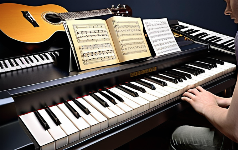 **A composer at work:** A focused composer surrounded by musical instruments (piano, guitar), sheet music, and a computer with music software. The scene should evoke creativity and dedication.