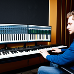 A professional musician and composer, fully clothed, modest clothing, appropriate attire, professional dress, intently focused on creating music in a modern, well-lit home recording studio. They are seated at a sleek professional desk, with a large monitor displaying a sophisticated Digital Audio Workstation (DAW) interface featuring detailed virtual instruments. A MIDI keyboard controller is positioned ergonomically, and high-quality studio headphones are worn over their ears. The studio environment includes subtle acoustic panels on the walls and warm, inviting natural lighting. The image should convey a sense of innovation and creativity, highlighting the integration of technology in music production. safe for work, appropriate content, perfect anatomy, correct proportions, natural pose, well-formed hands, proper finger count, natural body proportions, professional photography, high quality.