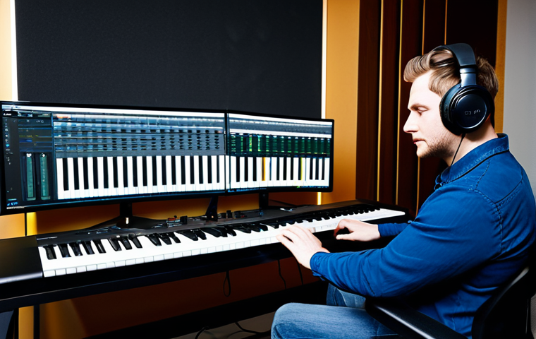 A professional musician and composer, fully clothed, modest clothing, appropriate attire, professional dress, intently focused on creating music in a modern, well-lit home recording studio. They are seated at a sleek professional desk, with a large monitor displaying a sophisticated Digital Audio Workstation (DAW) interface featuring detailed virtual instruments. A MIDI keyboard controller is positioned ergonomically, and high-quality studio headphones are worn over their ears. The studio environment includes subtle acoustic panels on the walls and warm, inviting natural lighting. The image should convey a sense of innovation and creativity, highlighting the integration of technology in music production. safe for work, appropriate content, perfect anatomy, correct proportions, natural pose, well-formed hands, proper finger count, natural body proportions, professional photography, high quality.