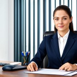 ** A professional businesswoman in a modest business suit, sitting at a desk in a modern office, fully clothed, appropriate attire, safe for work, perfect anatomy, natural proportions, professional photography, high quality.

**