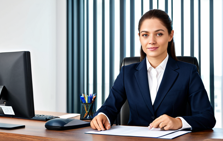 ** A professional businesswoman in a modest business suit, sitting at a desk in a modern office, fully clothed, appropriate attire, safe for work, perfect anatomy, natural proportions, professional photography, high quality.

**