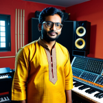**A Bengali composer in a traditional kurta, standing in a vibrant recording studio filled with instruments, fully clothed, appropriate attire, safe for work, perfect anatomy, natural proportions, professional photography, high quality.** _Focus: Blending tradition with modern music technology._