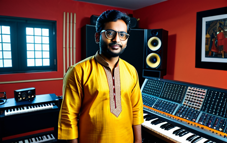 **A Bengali composer in a traditional kurta, standing in a vibrant recording studio filled with instruments, fully clothed, appropriate attire, safe for work, perfect anatomy, natural proportions, professional photography, high quality.** _Focus: Blending tradition with modern music technology._