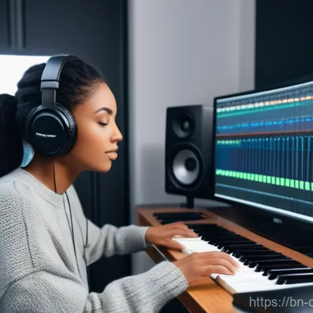 작곡가 이직을 위한 준비 사항 - **Prompt for "Digital Maestro in a Home Studio"**
A diverse female musician, in her late 20s to ...