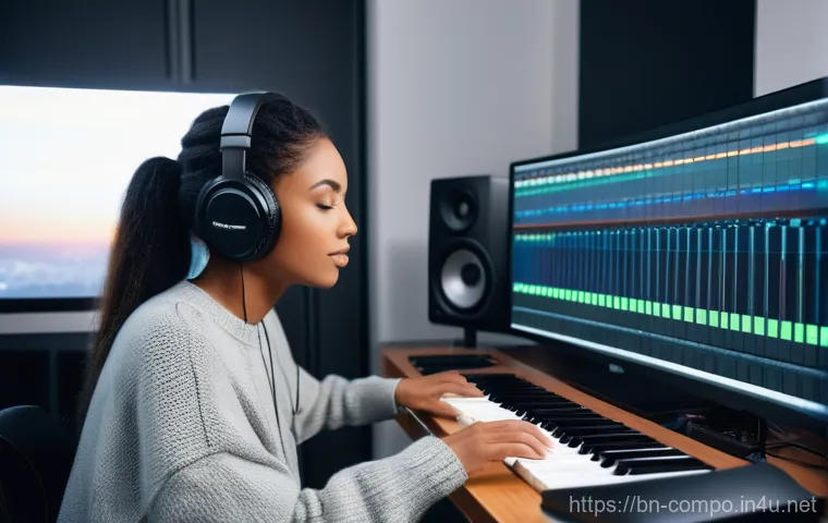 작곡가 이직을 위한 준비 사항 - **Prompt for "Digital Maestro in a Home Studio"**
A diverse female musician, in her late 20s to ...
