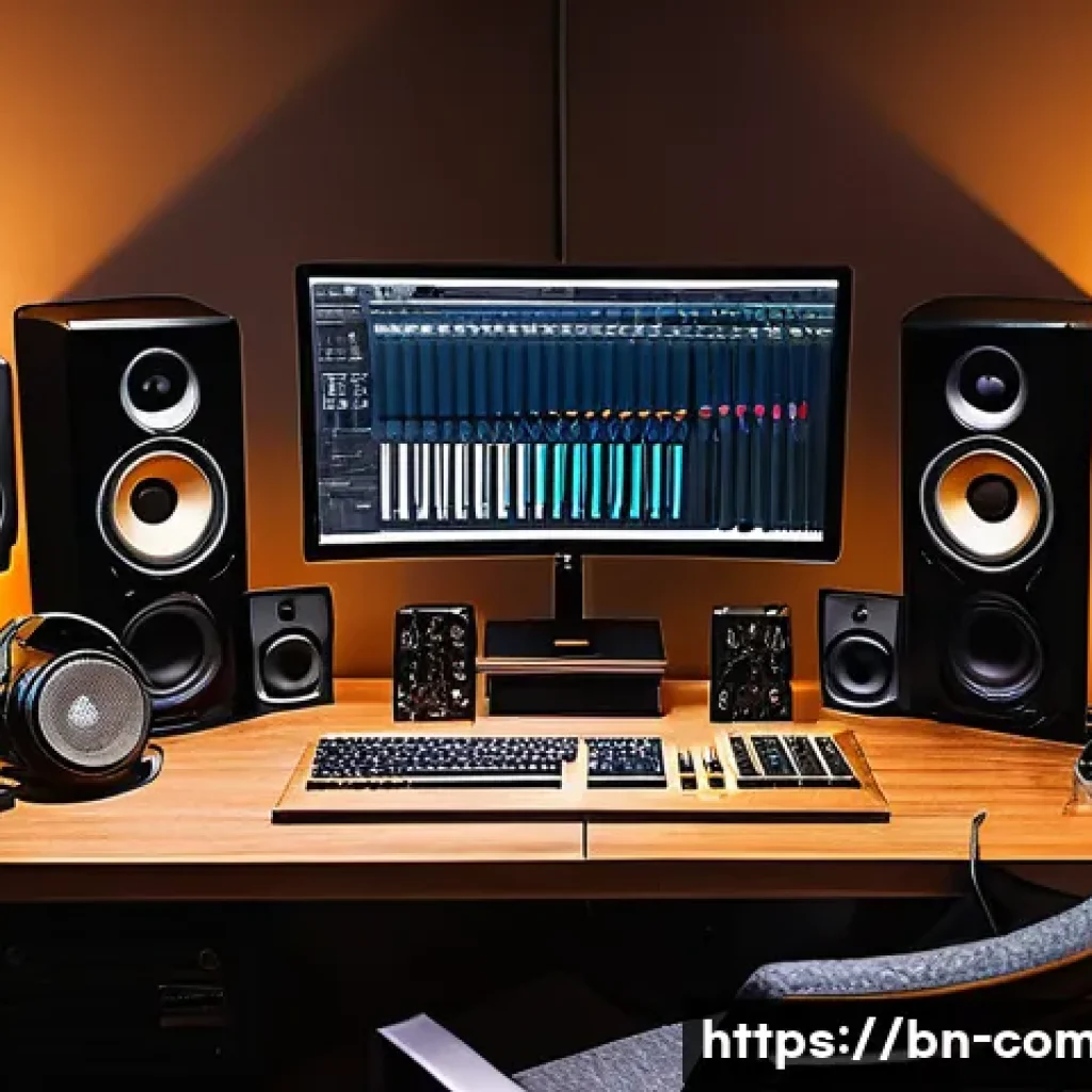작곡가의 창작 기반 시설 관리 - A professional music studio setup highlighting high-quality sound equipment used in songwriting: inc...