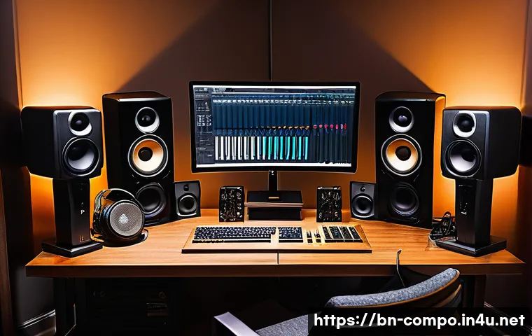 작곡가의 창작 기반 시설 관리 - A professional music studio setup highlighting high-quality sound equipment used in songwriting: inc...