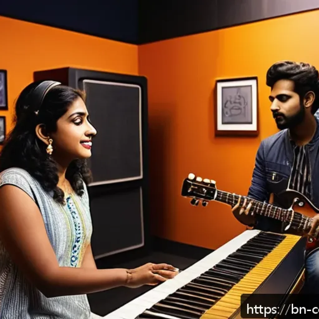 작곡가의 현업 준비 - A vibrant music studio scene featuring a diverse group of Bengali musicians and composers collaborat...
