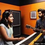 Home 22 작곡가의 현업 준비 - A vibrant music studio scene featuring a diverse group of Bengali musicians and composers collaborat...