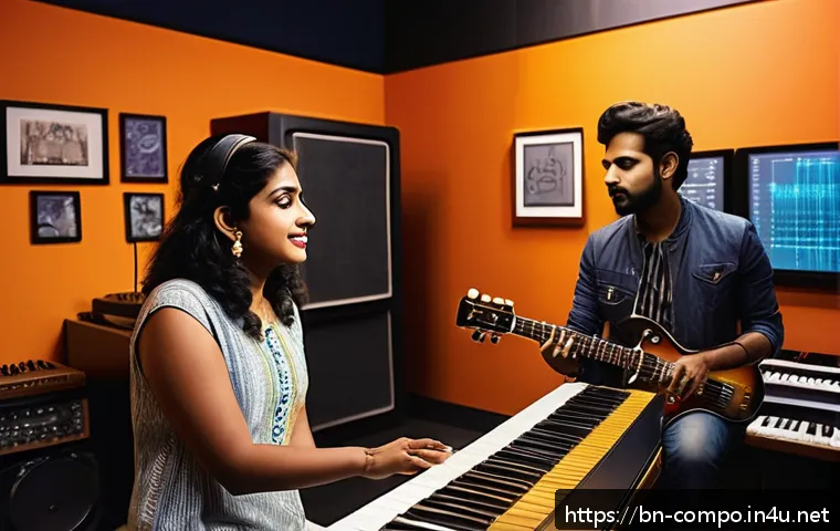 작곡가의 현업 준비 - A vibrant music studio scene featuring a diverse group of Bengali musicians and composers collaborat...