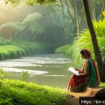 Home 21 작곡가의 창작 실무 기반 다지기 - A serene outdoor scene capturing a Bengali musician walking through a lush green forest during early...