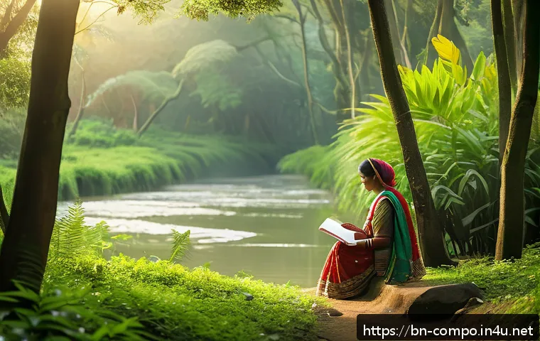 작곡가의 창작 실무 기반 다지기 - A serene outdoor scene capturing a Bengali musician walking through a lush green forest during early...