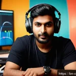 Home 20 작곡가의 음악 산업 내 경쟁력 강화 - A talented Bengali musician in a modern recording studio, surrounded by digital music production equ...