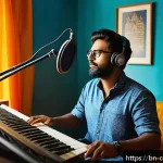 Home 19 작곡가의 직무 관리 전략 - A creative Bengali music producer in a cozy home studio, morning light streaming through a window wi...