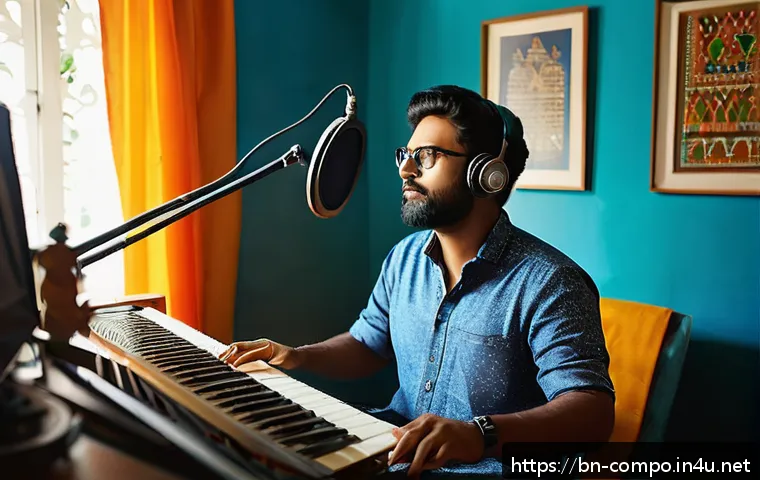 작곡가의 직무 관리 전략 - A creative Bengali music producer in a cozy home studio, morning light streaming through a window wi...