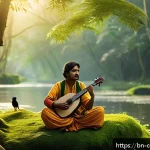 Home 18 작곡가의 창작 환경과 창의성 - A serene natural landscape at dawn featuring lush green trees, a gentle flowing river, and colorful ...