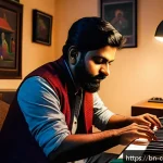 Home 23 작곡가의 실무 교육 경험 - A creative music composer in a cozy home studio, surrounded by traditional Bengali musical instrumen...