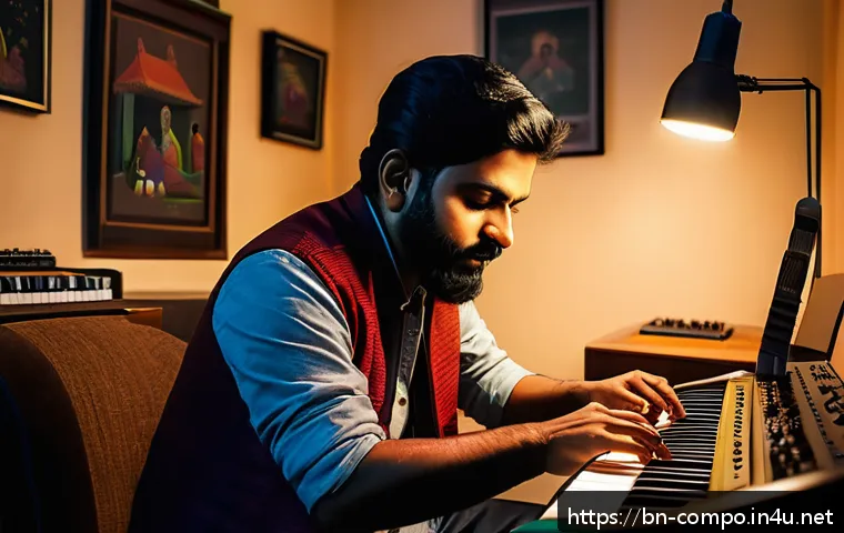 작곡가의 실무 교육 경험 - A creative music composer in a cozy home studio, surrounded by traditional Bengali musical instrumen...