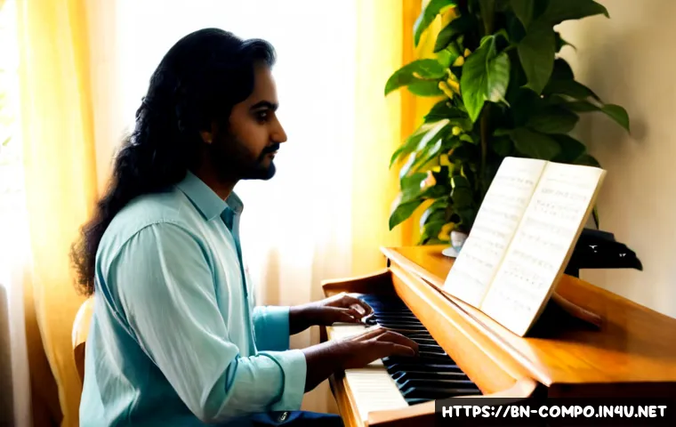 작곡가의 직무 스트레스 관리 - Photorealistic Bengali composer in a calm home studio, seated at a wooden desk with a keyboard piano...