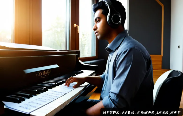 작곡가의 직업적 역량 개발 - Photorealistic professional composer developing career skills in a quiet modern home studio, seated ...