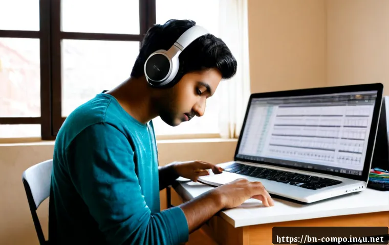 작곡가의 스킬 향상 방법 - Photorealistic young Bengali composer in a bright home studio, seated at a digital piano with headph...